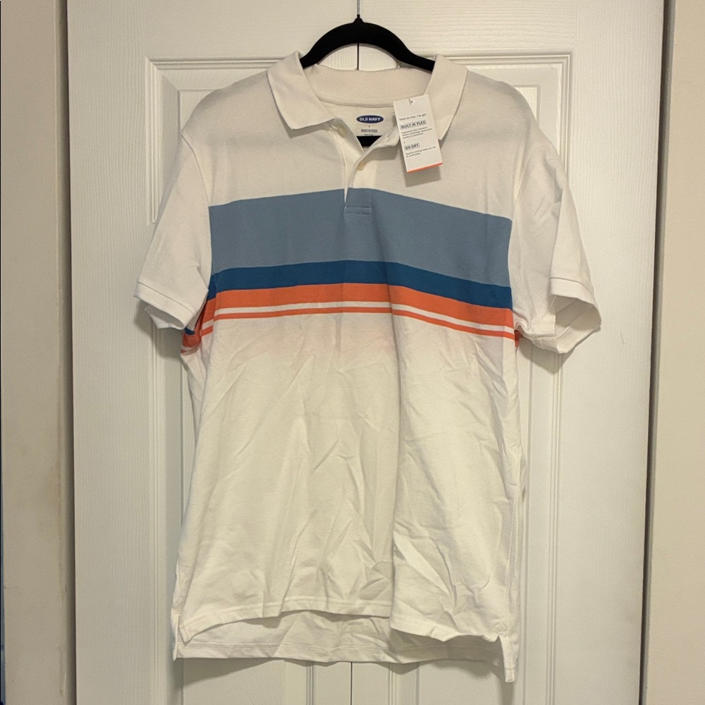 Old Navy White Polo with Blue and Orange Stripes